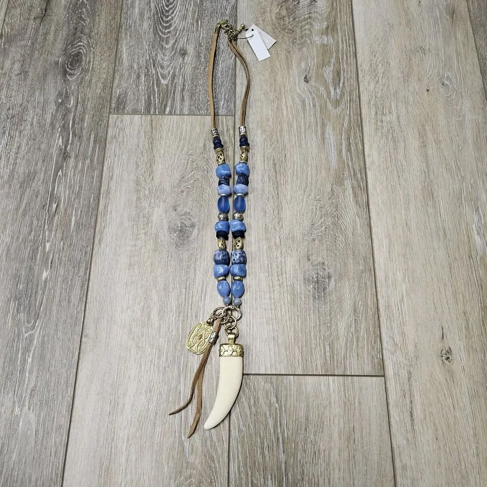Chicos Long Statement Necklace Janet Blue Longhorn Pendant Beaded Leather Tassle